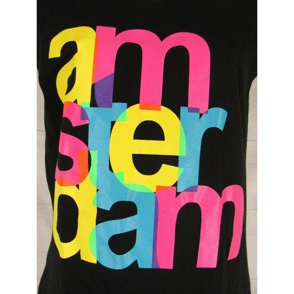 NEW Amsterdam S COLORFUL Graphics Black Cotton T Shirt NWT - Picture 3 of 5